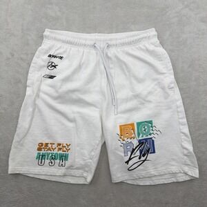 VTG Born Fly Long Shorts Mens White Draw String SZ XL Mixed Media Logo Patch